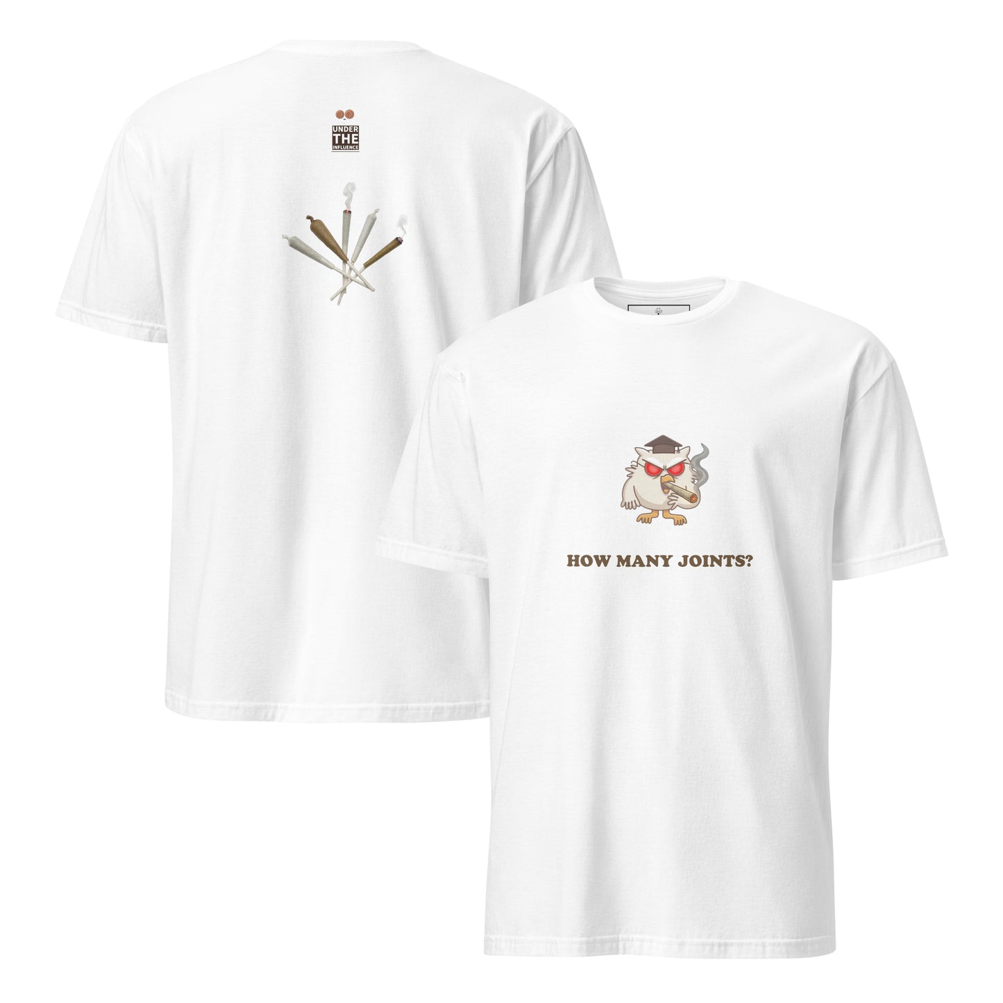 How Many Joints cannabis humor graphic tee – white front and back – Under the Influence streetwear