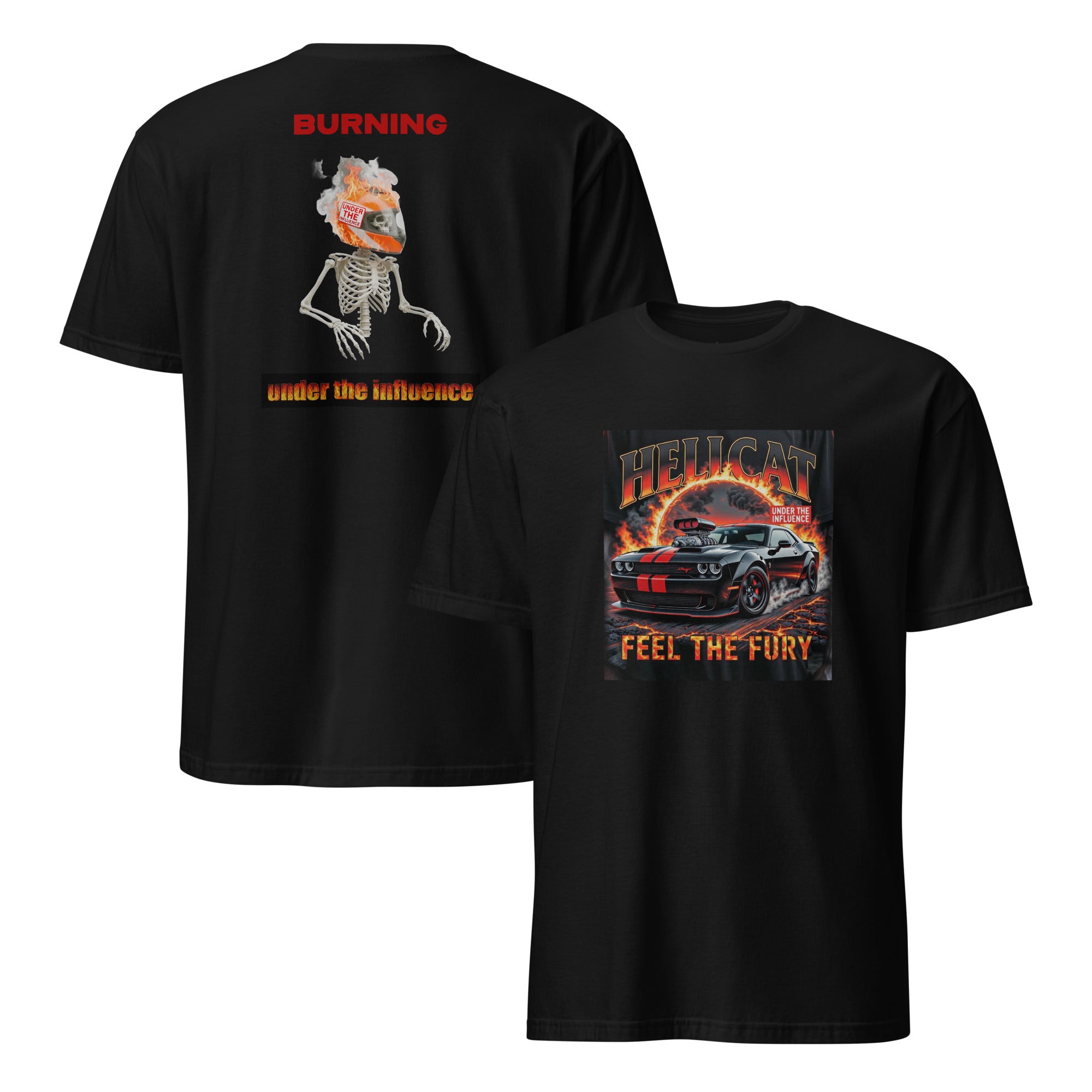 Hellcat Burning Muscle Car T-Shirt in Black – Front and Back