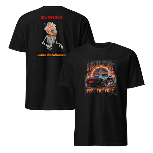 Hellcat Burning Muscle Car T-Shirt in Black – Front and Back
