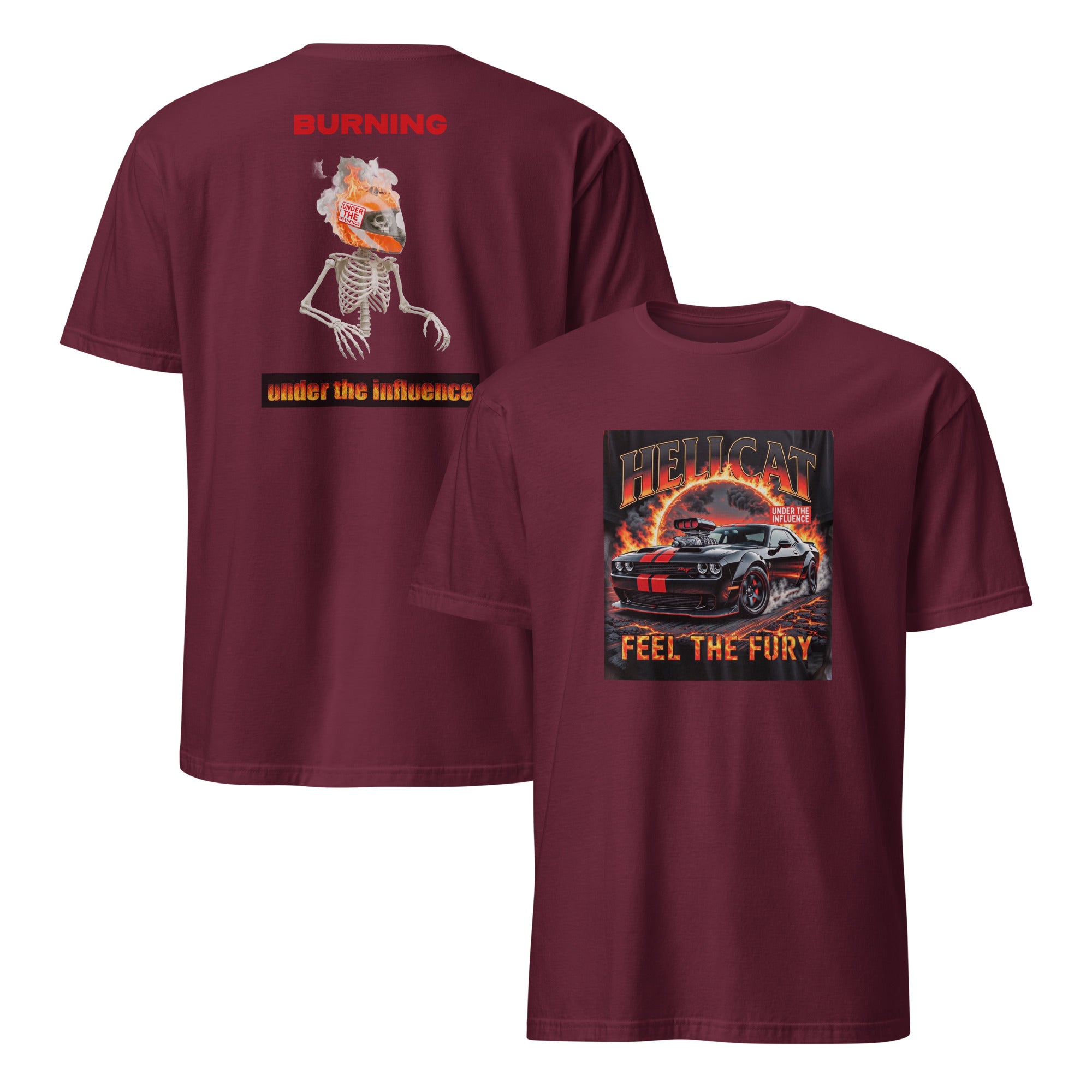 Hellcat Burning Muscle Car T-Shirt in Maroon – Front and Back
