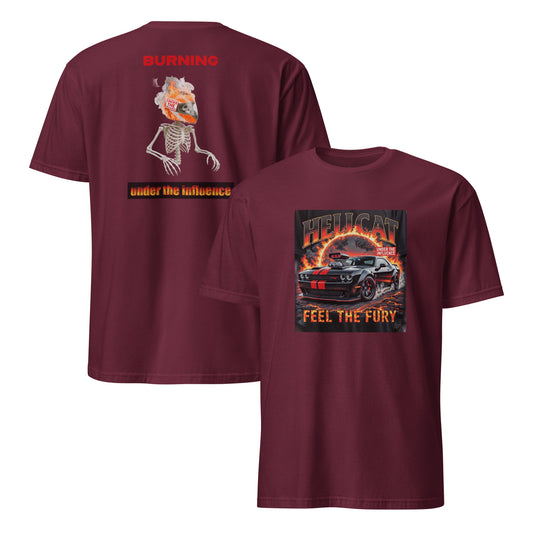 Hellcat Burning Muscle Car T-Shirt in Maroon – Front and Back