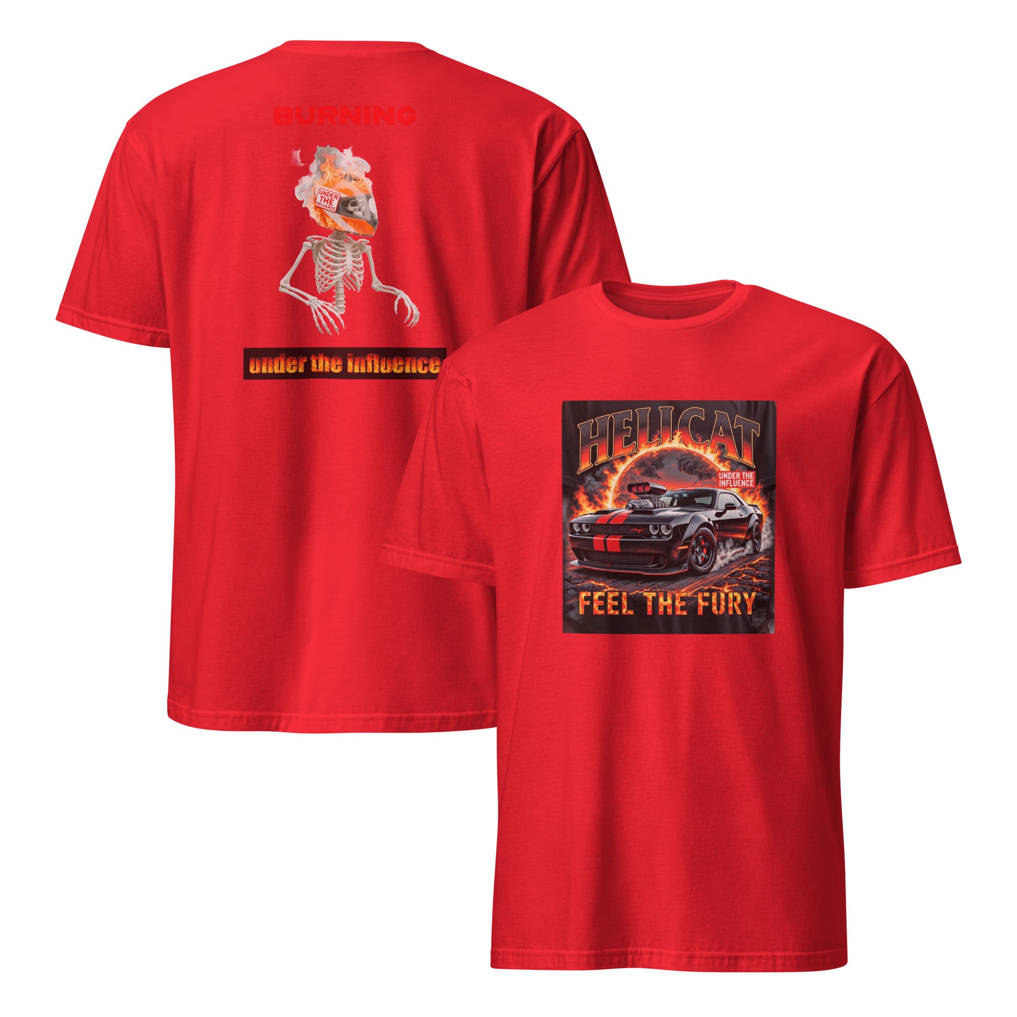 Hellcat Burning Muscle Car T-Shirt in Red – Front and Back
