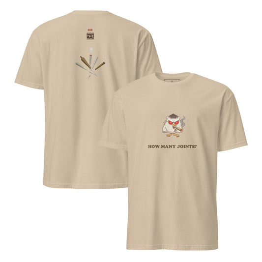 How Many Joints cannabis humor graphic tee – sand front and back – Under the Influence streetwear