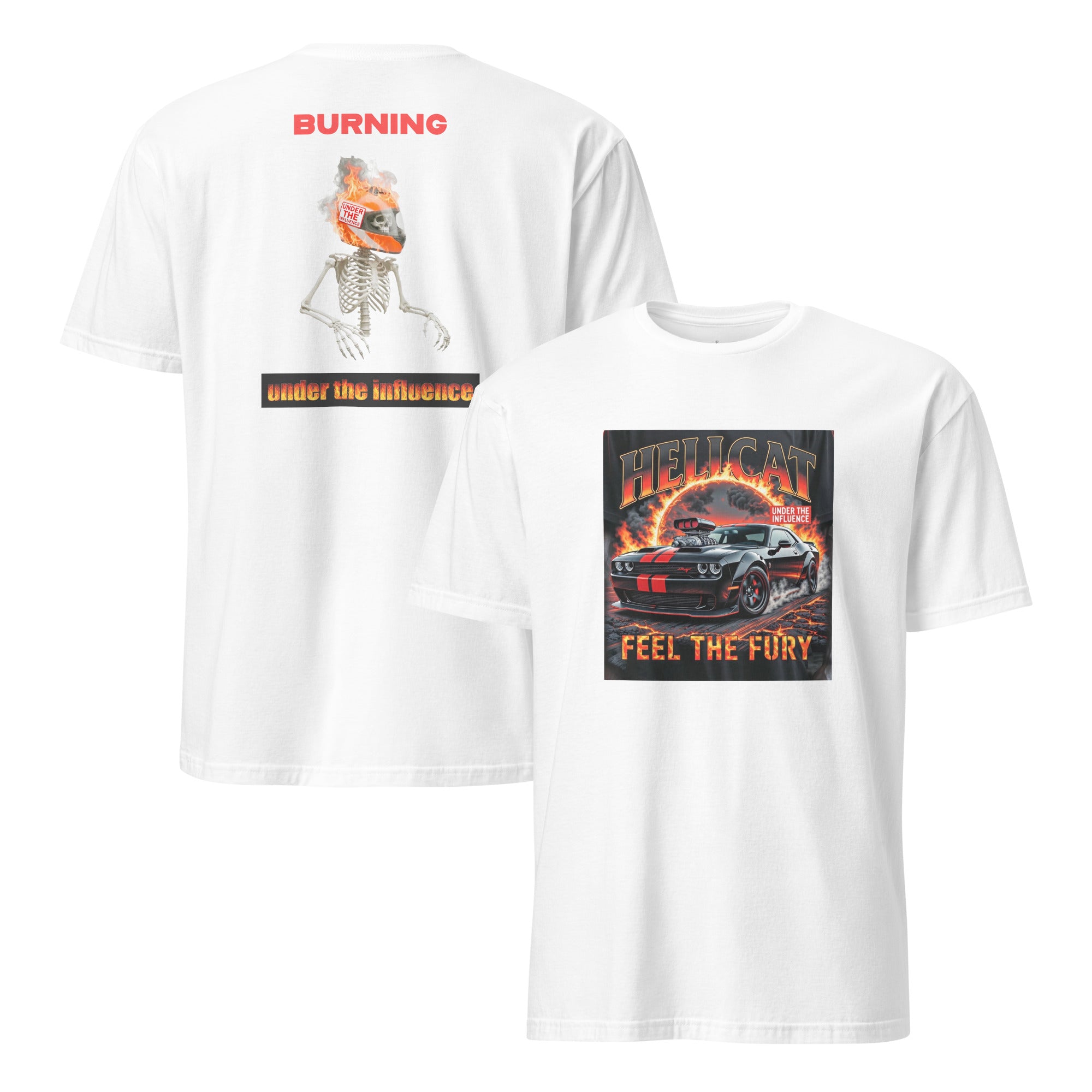 Hellcat Burning Muscle Car T-Shirt in White – Front and Back