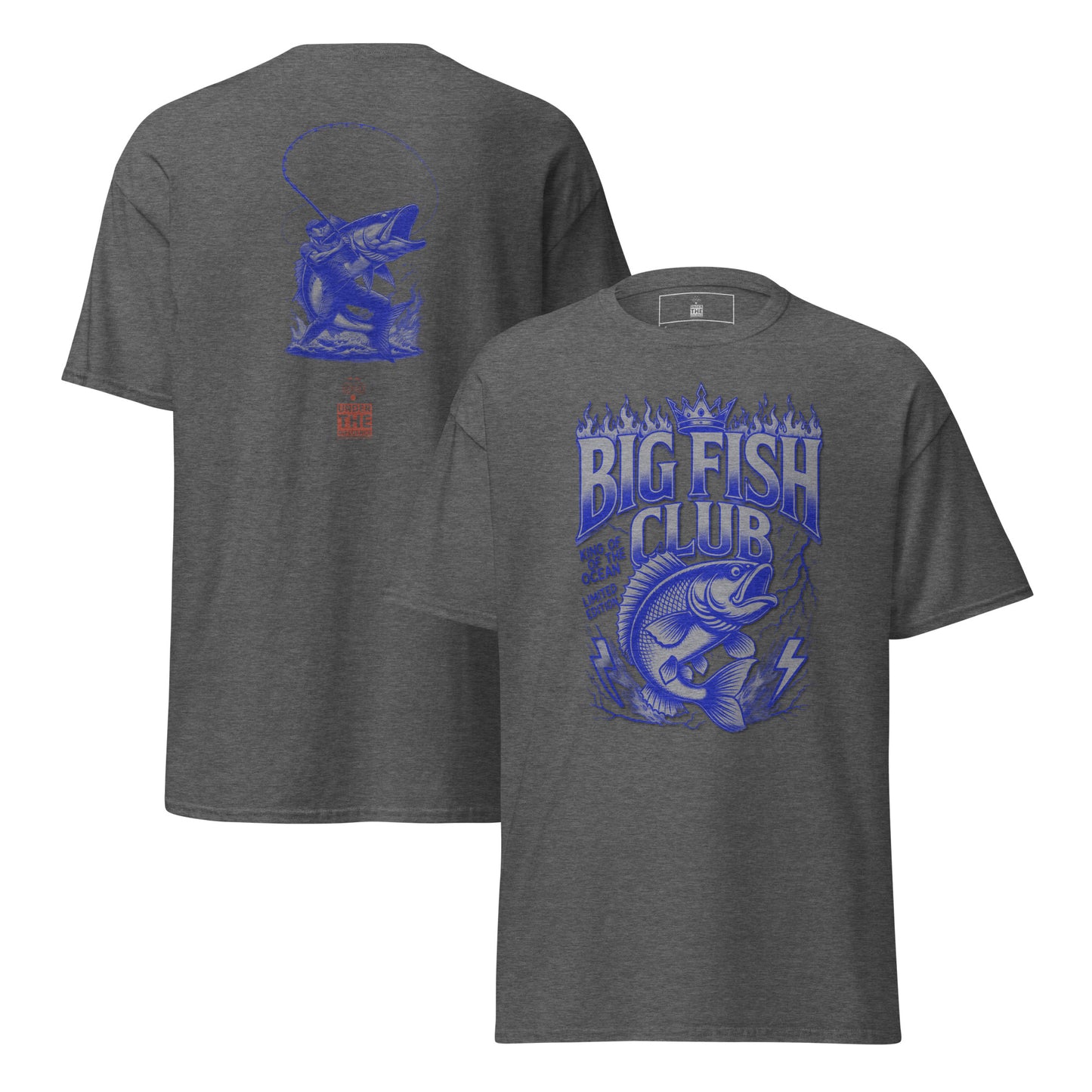 Big Fish Club graphic tee in dark heather – front and back view