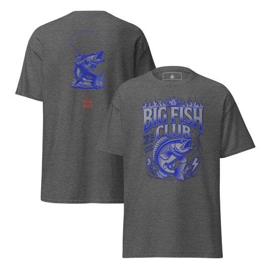 Big Fish Club graphic tee in dark heather – front and back view